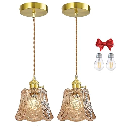 Amber Wind Chime Glass Pendant Light, 2 Natural Light Bulbs Included, Adjustable Cord with Switch, Hanging Lamp for Kitchen Island/Dining Room - color: Amber 2pcs Flower Pendant Light