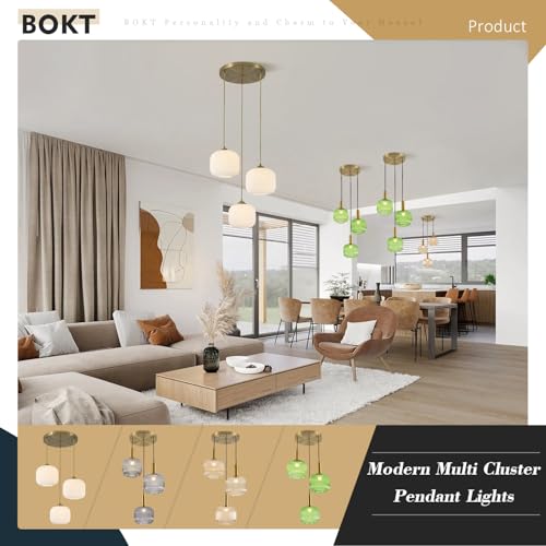 BOKT White Pendant Lights Kitchen Island 3 Light Globe Cluster Pendant Light Large Ribbed Glass Cluster Chandelier Gold Vintage Adjustable Hanging Light Fixture for Sink Dining Room - color: Milk White 3-Light