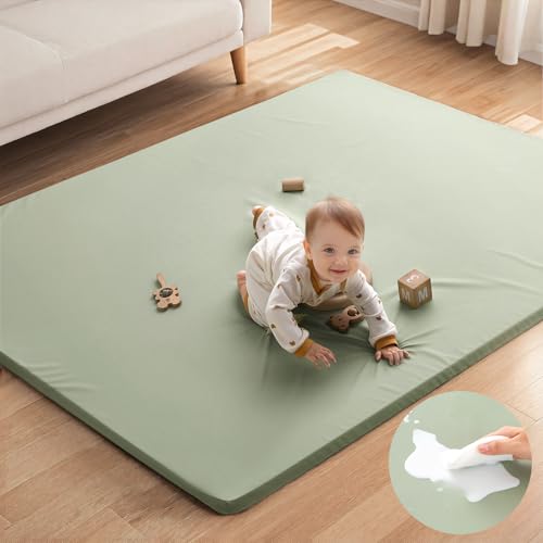 Blissful Diary Vegan Leather Baby Play Mat, 71x59 Thicken Foam Cushioned & Waterproof Playpen Mat for Infants and Toddlers, Stylish and Just Wipe-Clean Playmat for Baby Play on Floor, Light Green - color: Light Green, size: 71" X 59"
