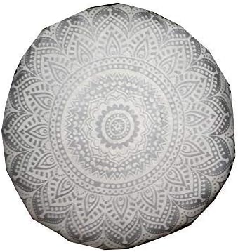 CRAFT KALA Mandala Floor Pillow Cushion Cover Seating Throw Cover Hippie Decorative Bohemian Ottoman Poufs Pom Pom Pillow Cases Boho Indian Cotton Living Room Home Décor 24" Round, White Silver Ombre