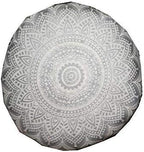 CRAFT KALA Mandala Floor Pillow Cushion Cover Seating Throw Cover Hippie Decorative Bohemian Ottoman Poufs Pom Pom Pillow Cases Boho Indian Cotton Living Room Home Décor 24" Round, White Silver Ombre