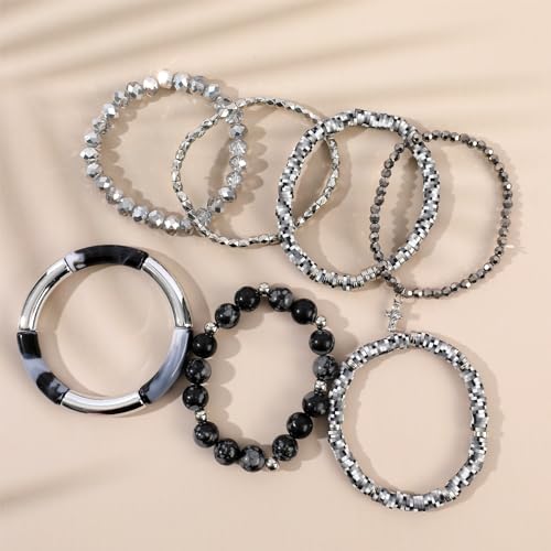 Bohemian Natural Stone Beaded Bracelets for Women Men Stackable Stretch Beads Bracelet Set with Charm and Tassel Multilayered Elastic Gemstone Bracelets Summer Beach Boho Jewelry Gift for Women - color: Black-1