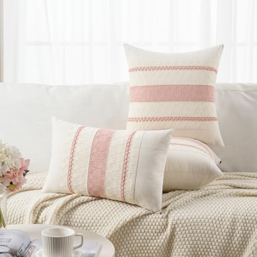 Fancy Homi Set of 2 Boho Pink Decorative Throw Pillow Cover 16x16 Inch for Couch Bed Sofa, Aesthetic Modern Organic Farmhouse Home Decor, Soft Cotton Cute Accent Macrame Woven Cushion Case - color: Pink, size: 16" x 16" (Pack of 2)