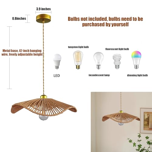 Boho Rattan 16-inch round Pendant Light E26 lamp holder,height adjustable Restaurant chandelier Rattan light fixture Chandelier Woven Hanging Light Fixture for Bedroom Entryway Kitchen Island - color: Light brown-10, size: 16-inch