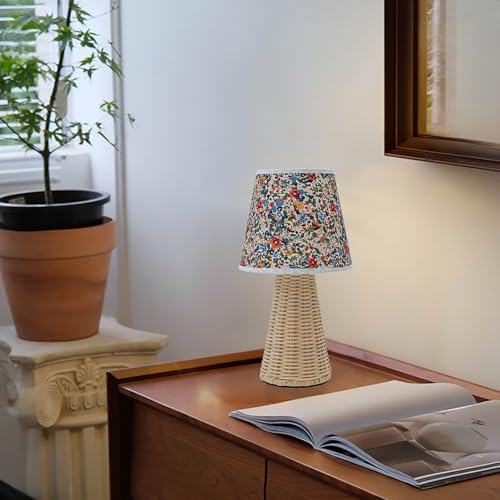 Vintage Small Wicker Lamp, Rattan Body Fabric Lampshade, Adjustable Light Color and Brightness, Power-Off Memory, Safe USB Powered, Boho Style Night Light for Bedroom Living Room (Cone-Floral) - color: Cone-Floral