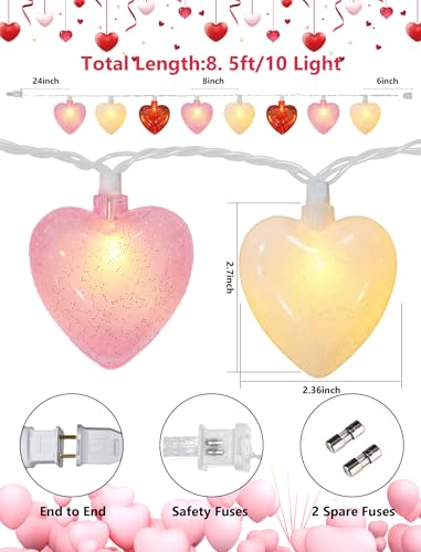 8.5ft Valentine’s Day Heart String Lights Plug in, Valentines Lights with 10 LED Red Pink White Shatterproof Bulbs, Fairy Lights for Indoor Outdoor Home Decor Wedding Party Birthday, Warm White - color: Red Pink White Frosted Heart