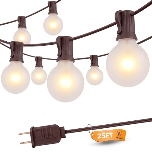 SUNSGNE 25Ft Outdoor Edison String Lights G40 Globe String Lights with 27 Frosted White Bulbs, Waterproof Connectable Hanging String Light for Christmas Patio House Backyard Balcony Party, Brown Wire - color: Frosted White-Brown, size: 25 Ft
