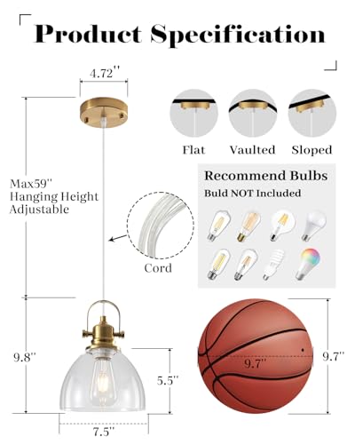 Gold Pendant Lights Kitchen Island 2 Pack, 7.5 inch Farmhouse Glass Pendant Lights, Vintage Gold Glass Pendant Light, Island Pendant Lights for Dining Rooms, Living Room, Bar - color: Clear Glass-Gold+Cord, size: 2-Pack
