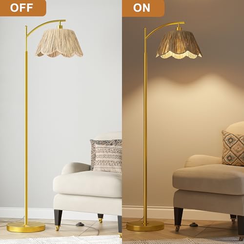 Oneach Arc Floor Lamp for Living Room with 3 Color Temperatures, Rattan Boho Floor Lamp with Hand-Woven Wicker Shade,Farmhouse Floor Lamps with Remote & Dimmable Bulb, Suitable for Bedroom（Gold） - color: Oil Gold