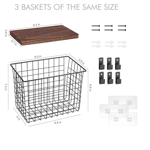 Wall Hanging Baskets 3 Pack, Diversified Wire Basket Shelves of Wooden Style, with Wall Mounted Hooks & Traceless Stickers, for Kitchen Coffee Bar Office Room Garage Storage Organization (Large) - size: Large