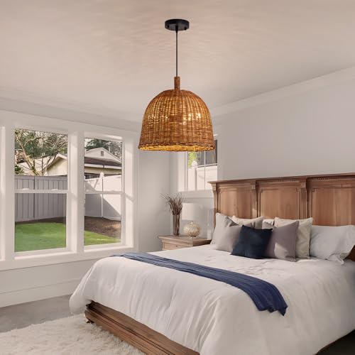 Rattan Pendant Light 13.8" Hand Weaving Wicker Dining Room Light 3-Light Boho Bracket Hanging Chandelier Fixture for Living Room Bedroom Kitchen Island Entry Hallway Farmhouse - color: Brown-13.81IN