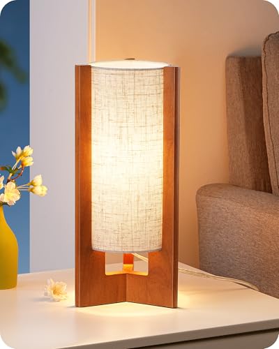 EDISHINE 13.5" Small Table Lamp, Walnut Wood Cylinder Nightstand Lamp for Bedroom, Beige Linen Shade, Corner Modern Bedside Lamp for Living Room, On-Off Line Switch, E26 Base (Bulb Not Included) - color: Dark Pearwood Color