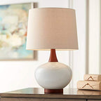 360 Lighting Brice Mid Century Modern Accent Table Lamp 23" High Ivory Ceramic Wood Neck Off White Tapered Drum Shade for Bedroom Living Room House Home Bedside Nightstand Office Family - color: Wood and White Smooth Ceramic