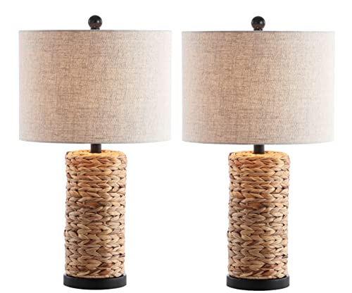 JONATHAN Y 25" Natural Coastal Water Hyacinth Table Lamp Set of 2, Bedside Lamp with Light Grey Linen Shade, Boho Farmhouse Decor for Living Room Nightstand, LED Bulbs JYL6502A-SET2 - color: Natural