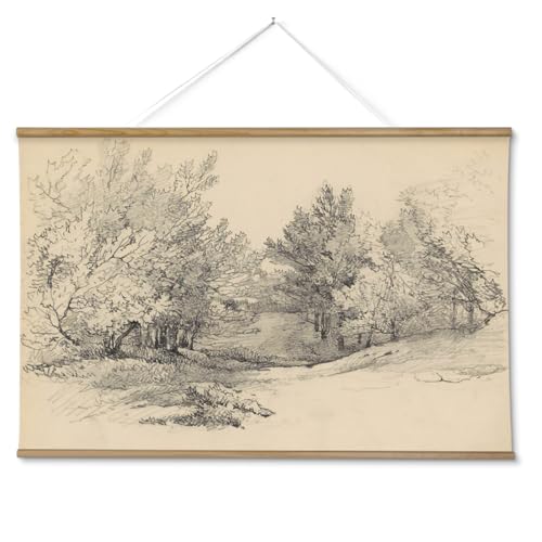ARPEOTCY Extra Large Vintage Framed Wall Art, 36x54 Inch Sketch Forest Landscape Hanging Canvas Prints, Scroll Wall Decor for Living Room Bedroom, Retro Scenery Pictures Above of Bed - color: Sketch Deep Forest
