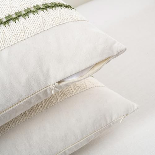 Fancy Homi Set of 1 Boho Moss Green Decorative Throw Pillow Cover 16x16 Inch for Couch Bed Sofa, Aesthetic Modern Organic Farmhouse Home Decor, Soft Cotton Cute Accent Macrame Woven Cushion Case - color: Moss Green, size: 16" x 16" (Pack of 1)