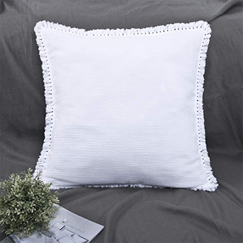 YINFUNG Quilted Euro Sham White Set of 2 Muslin Cotton 26×26 European Pillow Cover Tassel Fringe Boho Decorative Textured Gauze Moroccan Soft Suqare for Bed Couch Sofa Bright White - color: White, size: 26" x 26" (Pack of 2)