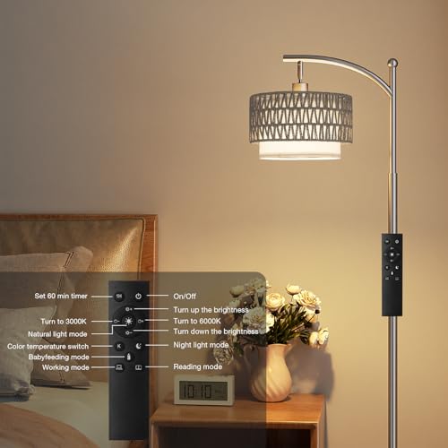 Ambimall Arc Floor Lamp for Living Room with Remote, Color Temperature & Brightness Adjustable, Boho Standing Lamp with Rattan & Fabric Double Drum Shades, Bulb Included(Deep Gray) - color: Deep Gray Rustic