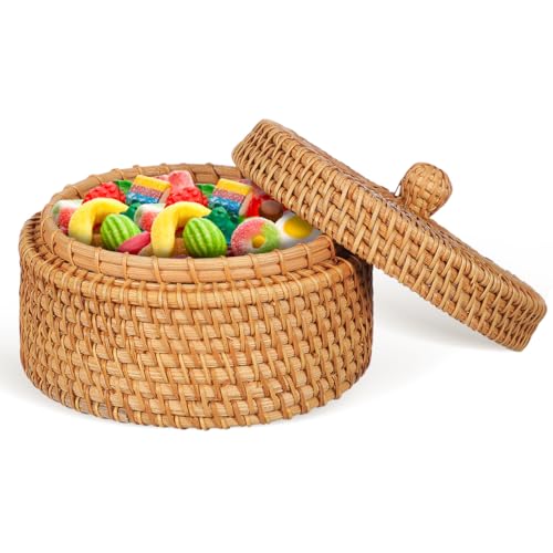 ARTIBETTER Vintage Rattan Storage Box with Lid Small Woven Basket for Snacks Sundries Desktop Decor 5.59X5.51X3.07In Compact Storage Solution
