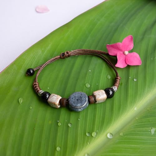 Handmade Green Boho Bracelets for Women, Bohemian Ceramic Beads Bracelets for Friends, Trendy Porcelain Stone Beaded Bracelets for Sisters - color: dark blue round