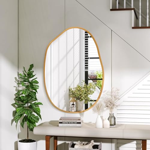 Gold Irregular Wall Mirror Aluminum Alloy Frame Asymmetrical Bathroom Mirrors Brushed Metal Vanity Wall Mounted Mirror for LivingRoom Bedroom Entryway Room Home Decor Large 22"x30" - color: Gold, size: 30"L x 22"W