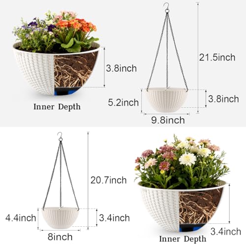 RooTrimmer Hanging Planters for Indoor Outdoor Plants 8 and 10 Inch, 4 Packs Hanging Flower Pot with Drainage Holes, Self-Watering Hanging Basket Perfect for Home, Office and Garden, White - color: White, size: 2p*8"+2p*10"