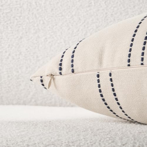 Decorative Throw Pillow Covers 18x18 Inch Set of 2 Linen Striped Accent Neutral Beige Farmhouse Boho Square Cushion Covers for Couch Sofa Bed Living Room Modern Home Decor, Navy Blue - color: Navy Blue, size: 18" x 18" (Pack of 2)