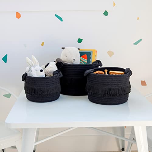 NaturalCozy 3-Piece Decorative Storage Basket Set – Black Cotton Rope Small Woven Baskets for Organizing for Nursery Baby Stuff, Gift, Vanity, Montessori, Dog Cat Toy Bin, Planter, Bathroom Shelves - color: Black