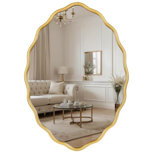 Oval Bathroom Mirror Wall Mounted Large Decorative Wall Mirror for Living Room, Bedroom, or Entryway – Vintage Sunburst Design with Beveled Detailing – Wavy Frame Vanity Mirror (Gold) - color: Gold