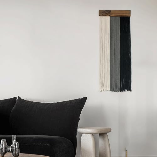HVEST Black and White Grey Macrame Wall Hanging Boho Wall Decor Handmade Woven Wood Wall Art for Living Room Bedroom Office Nursery Apartment Yoga Room Headstock Decor, 30.7L X 11.8W inches - color: Black