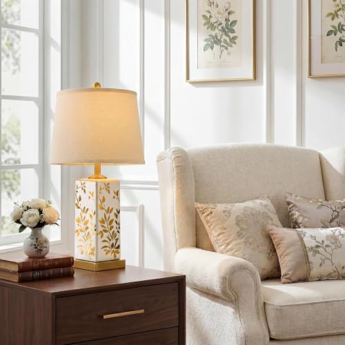 24.25" Mid Century Modern Lamp Set of 2, Vintage Farmhouse Chinoiserie Ceramic Table Lamps, Reflective Gold Leaf Pattern Bedside Lamps for Bedroom Living Room Nightstand, White & Gold - style: Reflective Gold Leaf