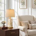 24.25" Mid Century Modern Lamp Set of 2, Vintage Farmhouse Chinoiserie Ceramic Table Lamps, Reflective Gold Leaf Pattern Bedside Lamps for Bedroom Living Room Nightstand, White & Gold - style: Reflective Gold Leaf