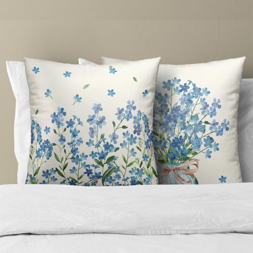 Spring Floral Pillow Covers 16x16 Inch Set of 2, Blue Flower Mason Jar Throw Pillow Covers Square Cotton Cushion Cover for Home Couch Sofa Patio Bedroom Livingroom - color: Blue Flower231219, size: 16" x 16" (Pack of 2)
