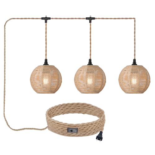 3 Lights Plug in Pendant Light with Cord On/Off Switch Rattan Hanging Lamp with 22ft Hand Woven Wicker Plug in Chandelier Boho Hanging Lights Fixture for Bedroom Kitchen Hallway Foyer - size: Plug 3 Lights Round