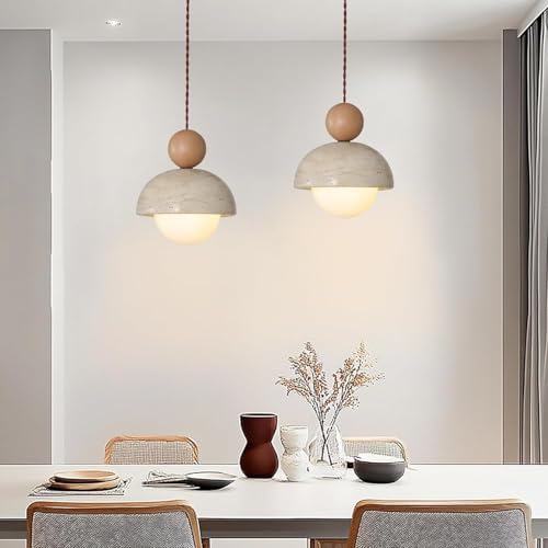 Japanese Wabi-Sabi Yellow Travertine Pendant Lamp Natural Stone Pendant Light with Wood Hanging Light Nordic Mini Pendant Lighting G9 for Kitchen Island Dining Room - color: 2pcs, size: 7.1inch
