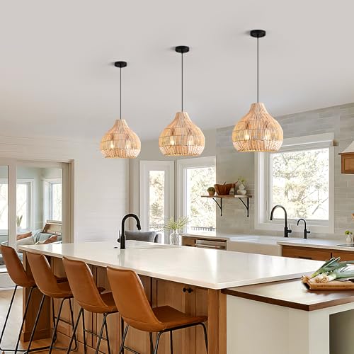 Boho Pendant Lights Kitchen Island 14.6in White Rattan Chandelier Beachy Wicker Dining Room Light Fixtures Woven Hanging Ceiling Lighting for Bedroom Breakfast Nook Restaurants Foyer Corridor - color: H016, size: 14.6in/37cm