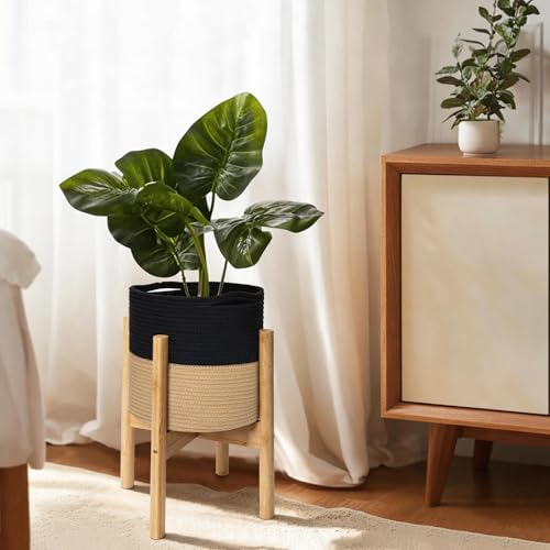 Plant Basket with Stand, Indoor Round Wicker Basket Plant with Bamboo Wood Stand, Decorative Black Woven Cotton Rope Flower Indoor Planter with Legs, Boho Bamboo Wood Planter Holder - color: Black and Jute