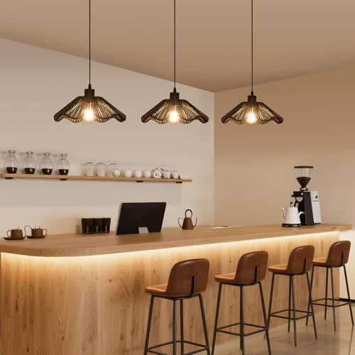 3 Pack Black Woven Pendant Light Fixtures,11.81" Rattan Pendant Lights Farmhouse Basket Light Fixture Adjustable Boho Hanging Lamp for Kitchen Island Bedroom Dining Room Foyer Hallway - color: flower+black