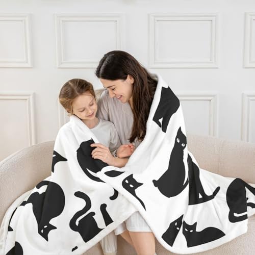 Feelyou Cat Throw Blanket Black Cat Soft Fleece Sherpa Cozy Fuzzy Plush Warm Cats Print Fuzzy Plush Throw Cute Kitten Twin 60"x80" Cats Lover's Gift for Bed Couch Living Room - color: Black White, size: Twin
