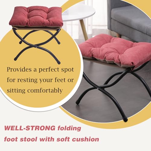 15" Foldable Foot Stool Ottoman with Metal Frame - Washable Red Upholstered Indoor/Outdoor Footrest for Living Room, Bedroom, Patio - Space-Saving Compact Design - color: Red