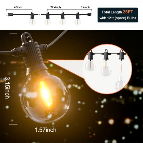 Kawaya Outdoor String Lights 25 FT LED Patio Light with 12+1 Shatterproof Edison Globe Bulbs - IP65 Waterproof Dimmable Hanging Lights - 2700K Warm White Lighting for Outside Yard Porch Deck Bistro - size: 25FT