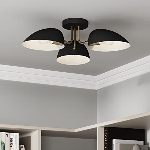 Nathan James Argo Semi Mount Flush Ceiling Light, 3-Lights Modern Retro Lighting with Black Rounded Shades for Hallway, Dining Room and Bedroom, Brass Gold/Black - color: Brass Gold/Black, size: 1