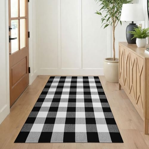 KILOCOCO Buffalo Plaid Checkered Rug - 3'x5' Front Door Mat Outdoor,Black and White Rugs Cotton Washable Front Porch Rug Layered Doormats for Patio Farmhouse Entryway Kitchen Foyer - color: Black and White, size: 3' x 5' (Rectangular)