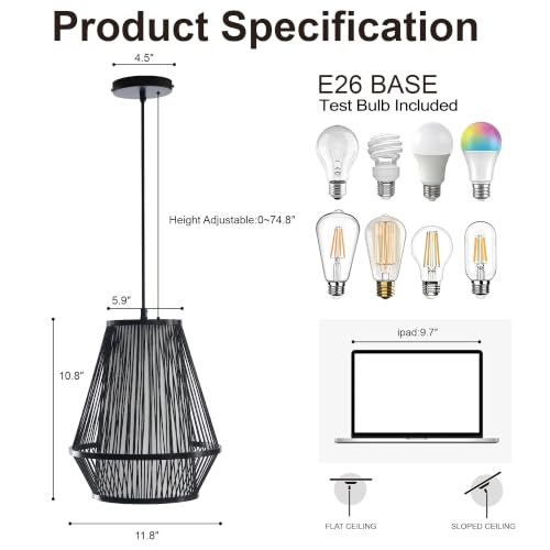 12 Inch Pendant Light, Hanging Ceiling Lamp with Handwoven Bamboo Basket Shade, Adjustable Pendant Fixture for Kitchen Island, Dining Room, Bedroom - color: Black