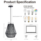 12 Inch Pendant Light, Hanging Ceiling Lamp with Handwoven Bamboo Basket Shade, Adjustable Pendant Fixture for Kitchen Island, Dining Room, Bedroom - color: Black