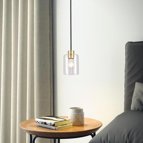 Modern 3 Pack Black Gold Pendant Lights for Kitchen Island, Brushed Brass Modern Hanging Light with Clear Glass Shade, Adjustable Metal Rod Pendant Lighting for Dining Room, Living Room, Bar, Entryway - color: Black+brass 3PK