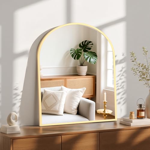 NEWBULIG 32X30 Inch Arched Bathroom Mirror for Wall, Vanity Bathroom Mirrors for Over Sink Tempered Glass, Anti-Rust Arched Metal Framed, Hangs Horizontally or Vertically, Farmhouse Home Decor, Gold - color: Gold-arched, size: 32"L x 31"W