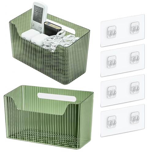 Set Of 2 Storage Organizer Bins Wall Mounted Shower Basket, Shower Caddy Stackable Clear Plastic Makeup Organizer Adhesive Hanging Bin for Bathroom, Kitchen, Cabinet, Pantry, BPA Free, Green - color: Green