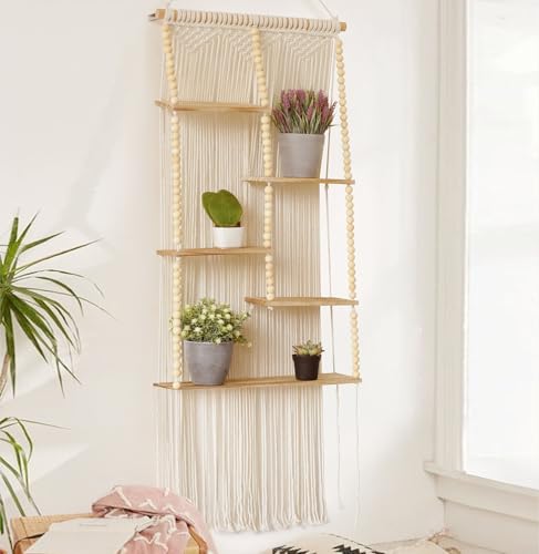 Flber Macrame Wall Hanging Shelf Boho Wall Decor Home 2 Tier Hanger Shelves Braided with Tassels Shelves Organizer for Kitchen, Bedroom, Home Storage, Floating Plant Shelf (Wood) - color: Ivory2