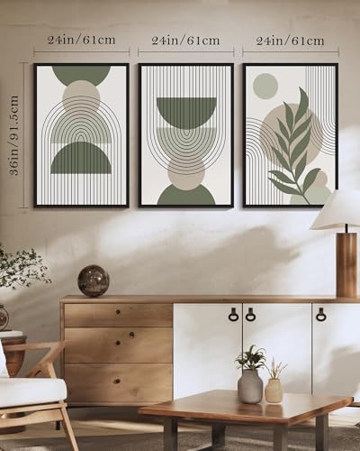 Drsoum 24x36in Large Boho Wall Art Green Sage Decor Framed Wood Modern Bohemian Abstract Geometry Canvas Prints Ready to Hang for Bedroom - Black Framed - color: green boho decor, Black Framed, size: 24" x 36"
